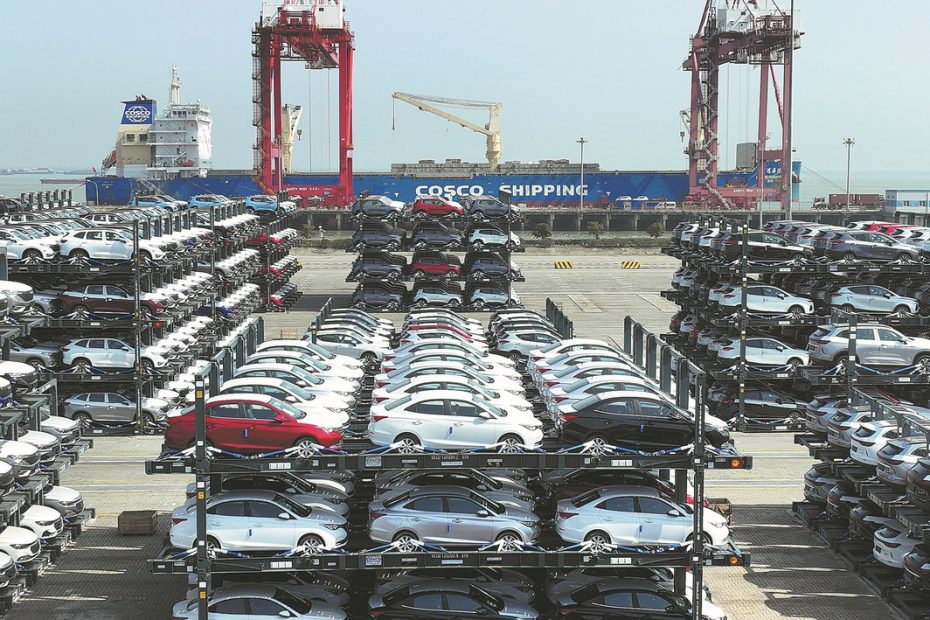 Vehicles from Chinese brands wait to be exported from a port in Suzhou, Jiangsu province.